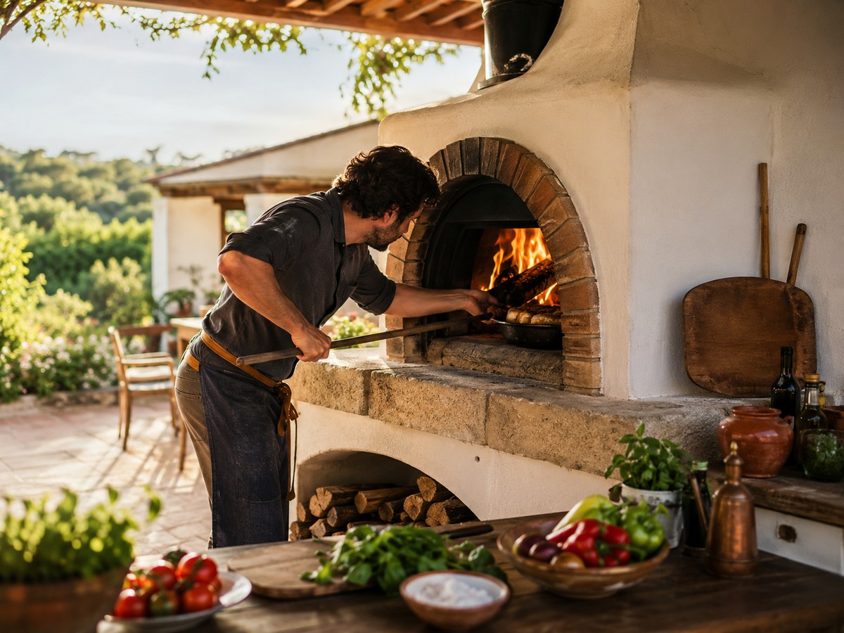 Forno a lenha em utilização num espaço exterior